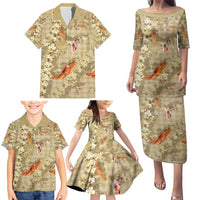 Beige Palaka Hawaiian And Japanese Family Matching Puletasi and Hawaiian Shirt Sakura Lei With Koi Fish - Polynesian Pride