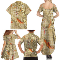 Beige Palaka Hawaiian And Japanese Family Matching Summer Maxi Dress and Hawaiian Shirt Sakura Lei With Koi Fish - Polynesian Pride