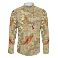 Beige Palaka Hawaiian And Japanese Family Matching Tank Maxi Dress and Hawaiian Shirt Sakura Lei With Koi Fish DT05 Dad's Shirt - Long Sleeve Beige - Polynesian Pride