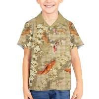Beige Palaka Hawaiian And Japanese Family Matching Tank Maxi Dress and Hawaiian Shirt Sakura Lei With Koi Fish DT05 Son's Shirt Beige - Polynesian Pride