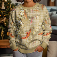Beige Palaka Hawaiian And Japanese Kid Ugly Christmas Sweater Sakura Lei With Koi Fish - Polynesian Pride