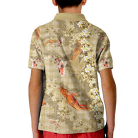 Beige Palaka Hawaiian And Japanese Kid Polo Shirt Sakura Lei With Koi Fish - Polynesian Pride