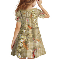 Beige Palaka Hawaiian And Japanese Kid Short Sleeve Dress Sakura Lei With Koi Fish DT05 - Polynesian Pride