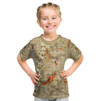 Beige Palaka Hawaiian And Japanese Kid T Shirt Sakura Lei With Koi Fish - Polynesian Pride