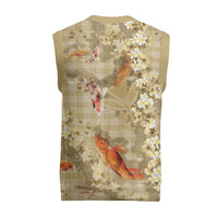 Beige Palaka Hawaiian And Japanese Christmas Knitted V-Neck Vest Sakura Lei With Koi Fish - Polynesian Pride