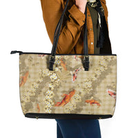 Beige Palaka Hawaiian And Japanese Leather Tote Bag Sakura Lei With Koi Fish - Polynesian Pride