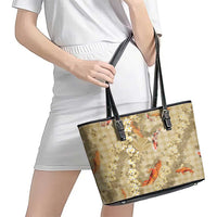 Beige Palaka Hawaiian And Japanese Leather Tote Bag Sakura Lei With Koi Fish - Polynesian Pride