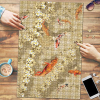 Beige Palaka Hawaiian And Japanese Puzzle Sakura Lei With Koi Fish - Polynesian Pride