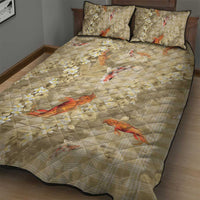 Beige Palaka Hawaiian And Japanese Quilt Bed Set Sakura Lei With Koi Fish - Polynesian Pride