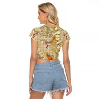 Beige Palaka Hawaiian And Japanese Raglan Cropped T Shirt Sakura Lei With Koi Fish DT05 - Polynesian Pride
