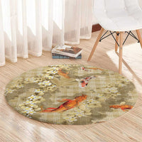 Beige Palaka Hawaiian And Japanese Round Carpet Sakura Lei With Koi Fish - Polynesian Pride