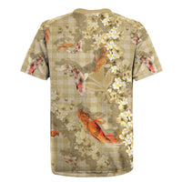 Beige Palaka Hawaiian And Japanese Rugby Jersey Sakura Lei With Koi Fish - Polynesian Pride
