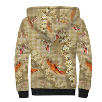 Beige Palaka Hawaiian And Japanese Sherpa Hoodie Sakura Lei With Koi Fish - Polynesian Pride