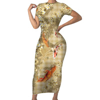 Beige Palaka Hawaiian And Japanese Short Sleeve Bodycon Dress Sakura Lei With Koi Fish - Polynesian Pride