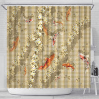 Beige Palaka Hawaiian And Japanese Shower Curtain Sakura Lei With Koi Fish - Polynesian Pride