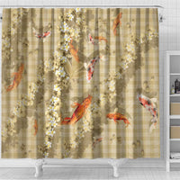 Beige Palaka Hawaiian And Japanese Shower Curtain Sakura Lei With Koi Fish - Polynesian Pride