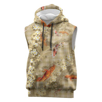 Beige Palaka Hawaiian And Japanese Sleeveless Hoodie Sakura Lei With Koi Fish - Polynesian Pride