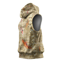 Beige Palaka Hawaiian And Japanese Sleeveless Hoodie Sakura Lei With Koi Fish - Polynesian Pride