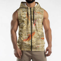 Beige Palaka Hawaiian And Japanese Sleeveless Zip Hoodie Sakura Lei With Koi Fish - Polynesian Pride