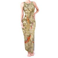 Beige Palaka Hawaiian And Japanese Tank Maxi Dress Sakura Lei With Koi Fish DT05 Women Beige - Polynesian Pride