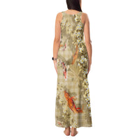 Beige Palaka Hawaiian And Japanese Tank Maxi Dress Sakura Lei With Koi Fish DT05 - Polynesian Pride