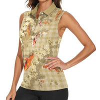 Beige Palaka Hawaiian And Japanese Women Sleeveless Polo Shirt Sakura Lei With Koi Fish - Polynesian Pride