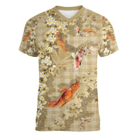 Beige Palaka Hawaiian And Japanese Women V-Neck T-Shirt Sakura Lei With Koi Fish DT05 Female Beige - Polynesian Pride