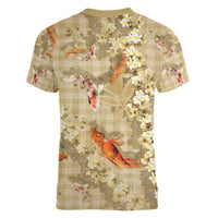 Beige Palaka Hawaiian And Japanese Women V-Neck T-Shirt Sakura Lei With Koi Fish DT05 - Polynesian Pride