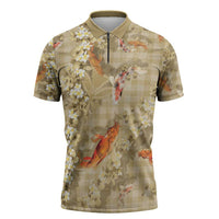 Beige Palaka Hawaiian And Japanese Zipper Polo Shirt Sakura Lei With Koi Fish - Polynesian Pride