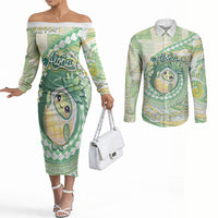 Hawaii Pineapple Couples Matching Off The Shoulder Long Sleeve Dress and Long Sleeve Button Shirt Cute Cosplay Turtle Plumeria Spiral