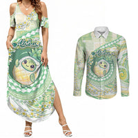 Hawaii Pineapple Couples Matching Summer Maxi Dress and Long Sleeve Button Shirt Cute Cosplay Turtle Plumeria Spiral