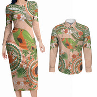 Hawaii Papaya Couples Matching Long Sleeve Bodycon Dress and Long Sleeve Button Shirt Cute Cosplay Humuhumu Fish Plumeria Waves