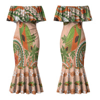 Hawaii Papaya Couples Matching Mermaid Dress and Long Sleeve Button Shirt Cute Cosplay Humuhumu Fish Plumeria Waves