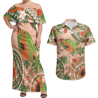 Hawaii Papaya Couples Matching Off Shoulder Maxi Dress and Hawaiian Shirt Cute Cosplay Humuhumu Fish Plumeria Waves