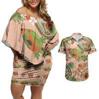 Hawaii Papaya Couples Matching Off Shoulder Short Dress and Hawaiian Shirt Cute Cosplay Humuhumu Fish Plumeria Waves