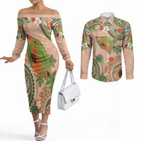 Hawaii Papaya Couples Matching Off The Shoulder Long Sleeve Dress and Long Sleeve Button Shirt Cute Cosplay Humuhumu Fish Plumeria Waves