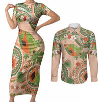 Hawaii Papaya Couples Matching Short Sleeve Bodycon Dress and Long Sleeve Button Shirt Cute Cosplay Humuhumu Fish Plumeria Waves