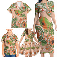 Hawaii Papaya Family Matching Long Sleeve Bodycon Dress and Hawaiian Shirt Cute Cosplay Humuhumu Fish Plumeria Waves