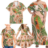 Hawaii Papaya Family Matching Off Shoulder Maxi Dress and Hawaiian Shirt Cute Cosplay Humuhumu Fish Plumeria Waves
