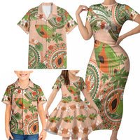 Hawaii Papaya Family Matching Short Sleeve Bodycon Dress and Hawaiian Shirt Cute Cosplay Humuhumu Fish Plumeria Waves