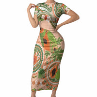 Hawaii Papaya Short Sleeve Bodycon Dress Cute Cosplay Humuhumu Fish Plumeria Waves
