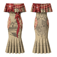 Tonga Language Week Couples Matching Mermaid Dress and Long Sleeve Button Shirt Tribal Cross Ngatu Floral Pattern