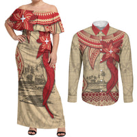 Tonga Language Week Couples Matching Off Shoulder Maxi Dress and Long Sleeve Button Shirt Tribal Cross Ngatu Floral Pattern