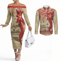 Tonga Language Week Couples Matching Off The Shoulder Long Sleeve Dress and Long Sleeve Button Shirt Tribal Cross Ngatu Floral Pattern