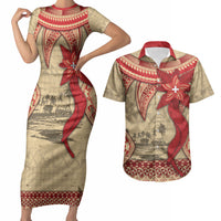 Tonga Language Week Couples Matching Short Sleeve Bodycon Dress and Hawaiian Shirt Tribal Cross Ngatu Floral Pattern