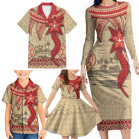 Tonga Language Week Family Matching Long Sleeve Bodycon Dress and Hawaiian Shirt Tribal Cross Ngatu Floral Pattern DT05 - Polynesian Pride