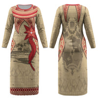 Tonga Language Week Family Matching Long Sleeve Bodycon Dress and Hawaiian Shirt Tribal Cross Ngatu Floral Pattern DT05 Mom's Dress Red - Polynesian Pride