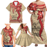 Tonga Language Week Family Matching Off Shoulder Maxi Dress and Hawaiian Shirt Tribal Cross Ngatu Floral Pattern DT05 - Polynesian Pride