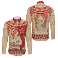 Tonga Language Week Family Matching Off Shoulder Maxi Dress and Hawaiian Shirt Tribal Cross Ngatu Floral Pattern DT05 Dad's Shirt - Long Sleeve Red - Polynesian Pride