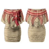 Tonga Language Week Family Matching Off Shoulder Short Dress and Hawaiian Shirt Tribal Cross Ngatu Floral Pattern DT05 Mom's Dress Red - Polynesian Pride
